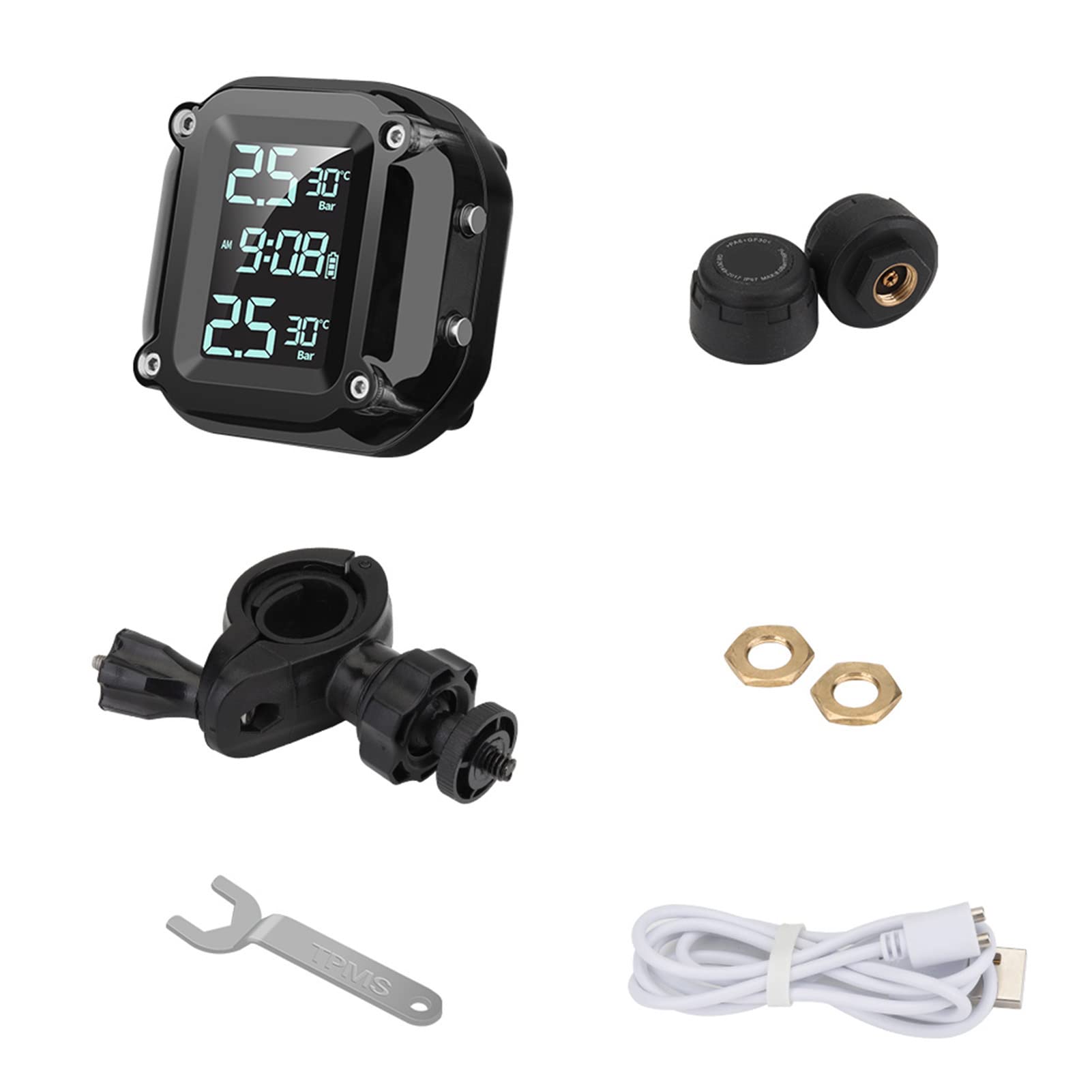 Shkalacar Motorcycle Tire Pressure Monitoring System USB Charging Wireless TPMS for Motorcycle with 2 External Sensors & Digital LCD Display