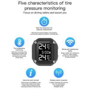 Shkalacar Motorcycle Tire Pressure Monitoring System USB Charging Wireless TPMS for Motorcycle with 2 External Sensors & Digital LCD Display