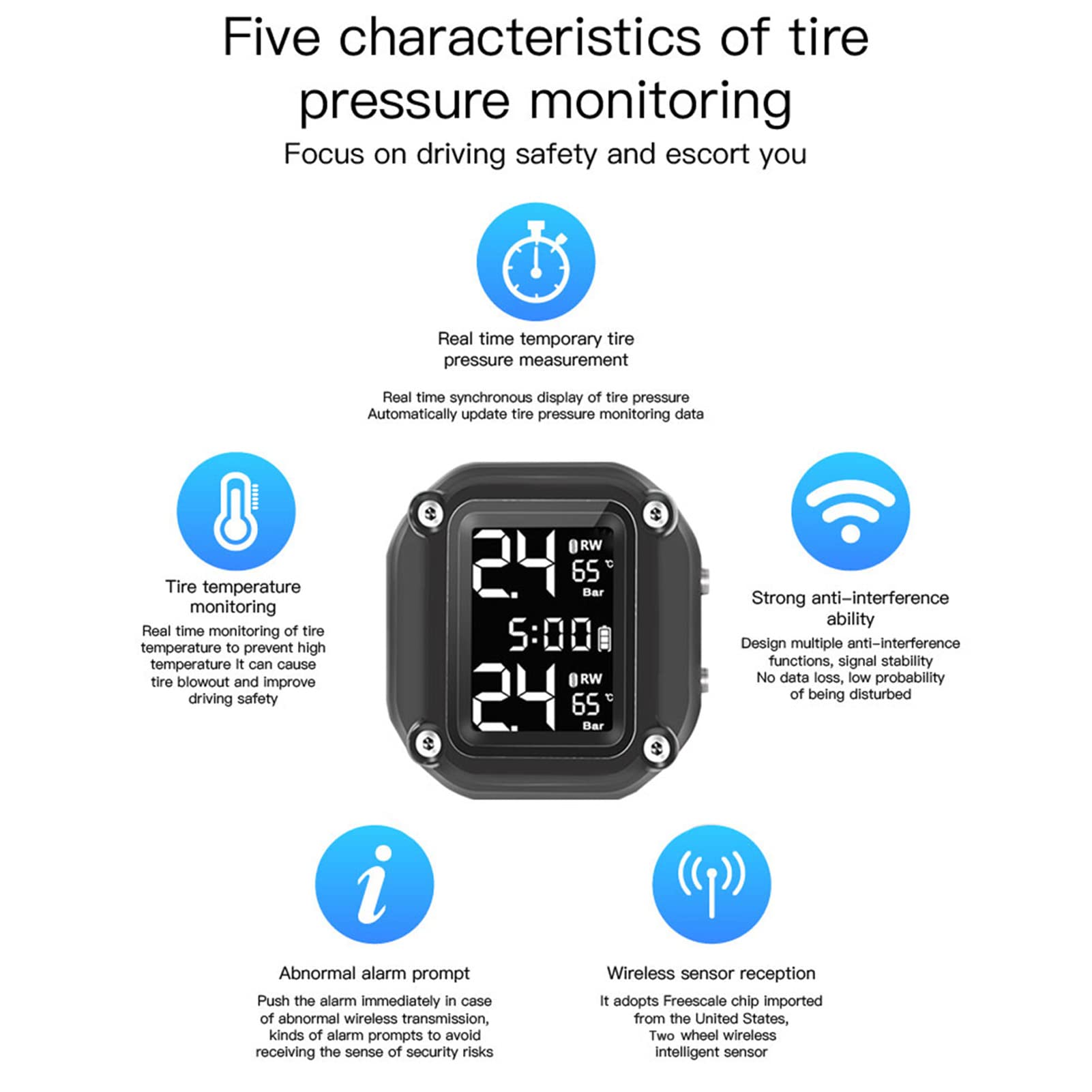 Shkalacar Motorcycle Tire Pressure Monitoring System USB Charging Wireless TPMS for Motorcycle with 2 External Sensors & Digital LCD Display