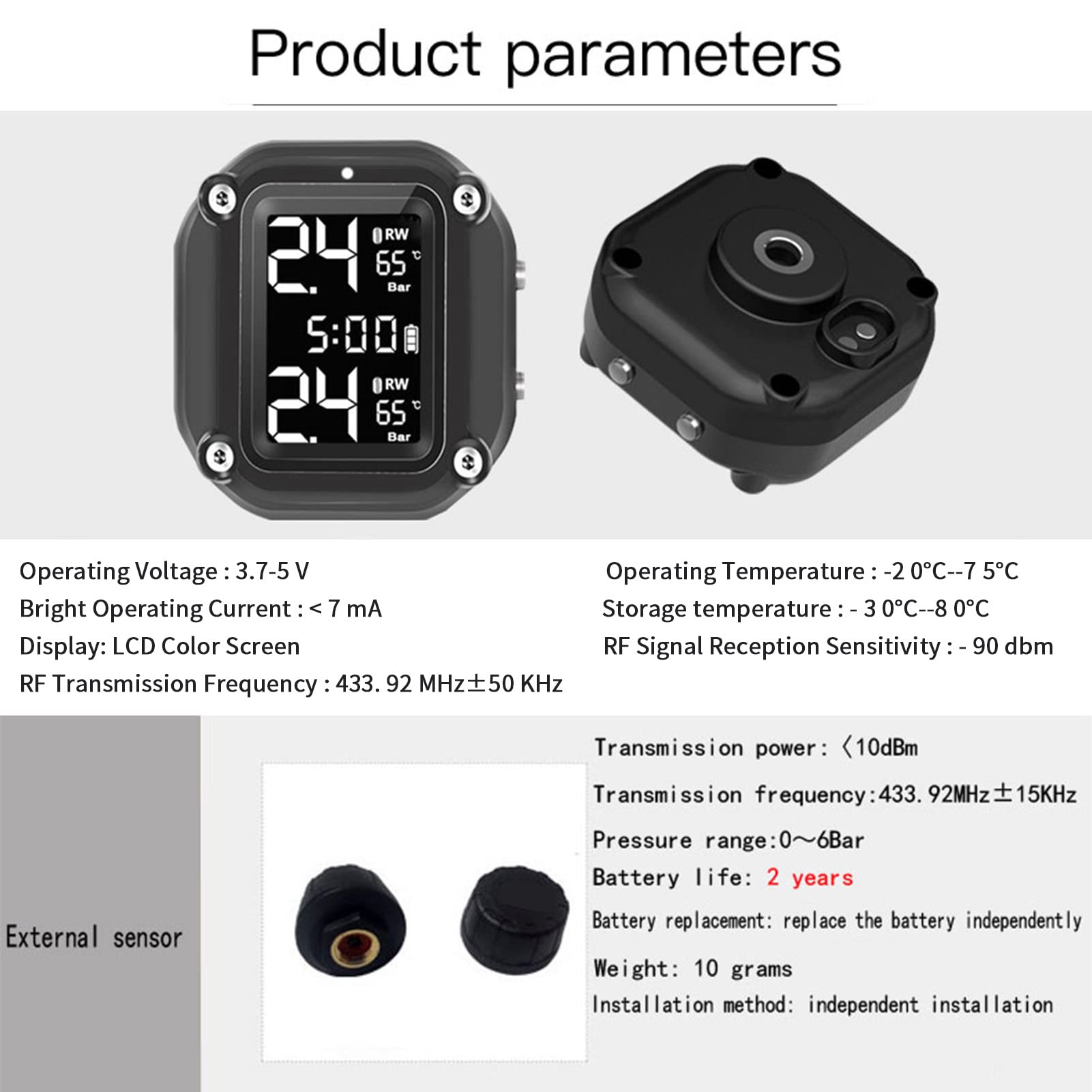 Shkalacar Motorcycle Tire Pressure Monitoring System USB Charging Wireless TPMS for Motorcycle with 2 External Sensors & Digital LCD Display