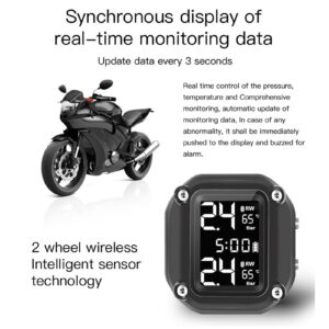 Shkalacar Motorcycle Tire Pressure Monitoring System USB Charging Wireless TPMS for Motorcycle with 2 External Sensors & Digital LCD Display