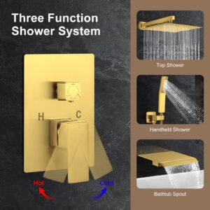 JOMEOO 12 Inch Brushed Gold Shower Head with Tub Spout, 3 Function Wall Mounted Bathtub Shower Faucet Set, Bathroom High Pressure Rain Shower Head with Handheld Sprayer Rough in Valve Body and Trim