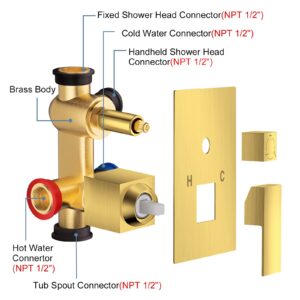 JOMEOO 12 Inch Brushed Gold Shower Head with Tub Spout, 3 Function Wall Mounted Bathtub Shower Faucet Set, Bathroom High Pressure Rain Shower Head with Handheld Sprayer Rough in Valve Body and Trim