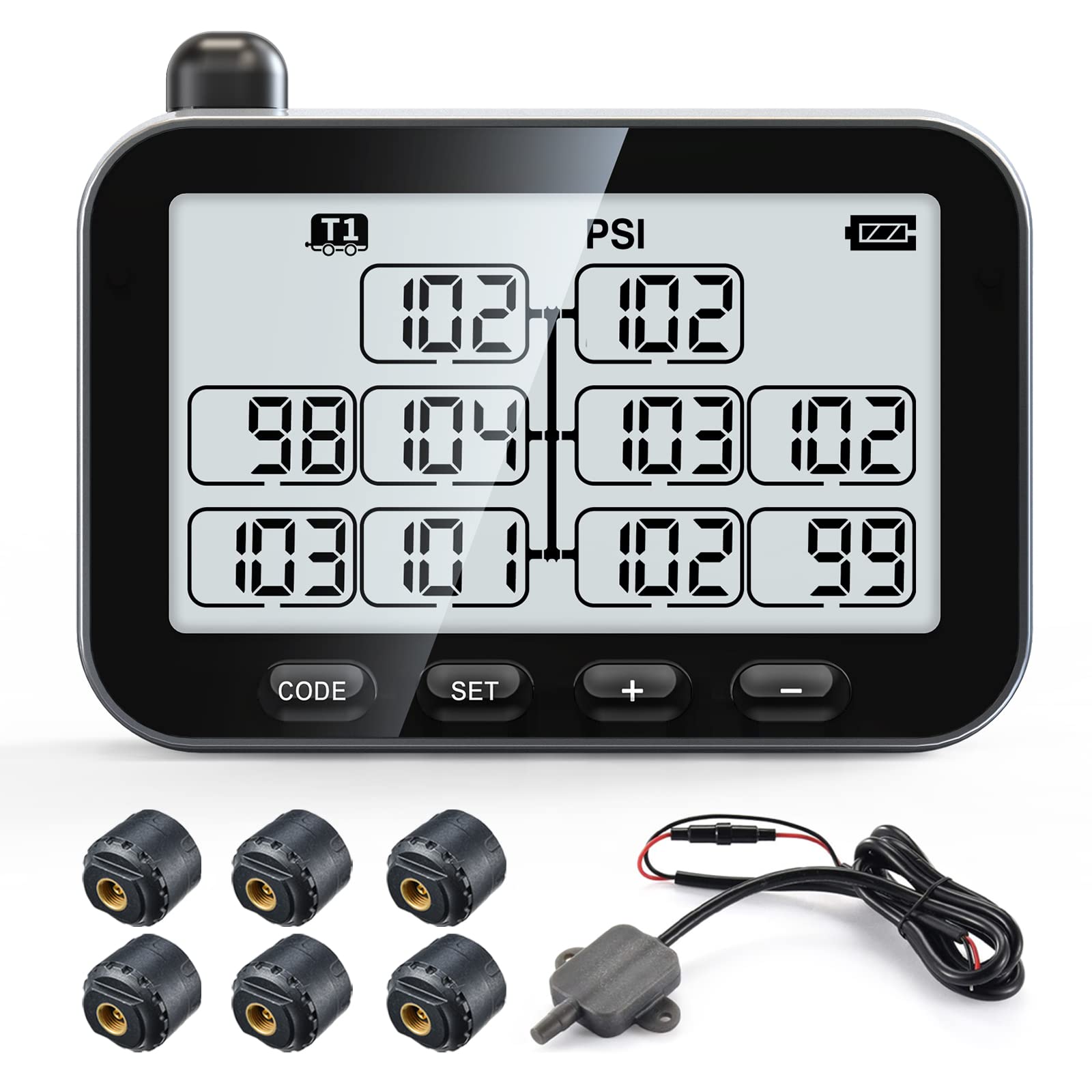 GUTA Trailer Tire Pressure Monitoring System, Trailer TPMS with 6 Sensors, 6 Alert Modes, Signal Booster, Power Saving Display, Long Sensing Distance, for 3 Trailers (T1/T2/T3), for RV, Trailer