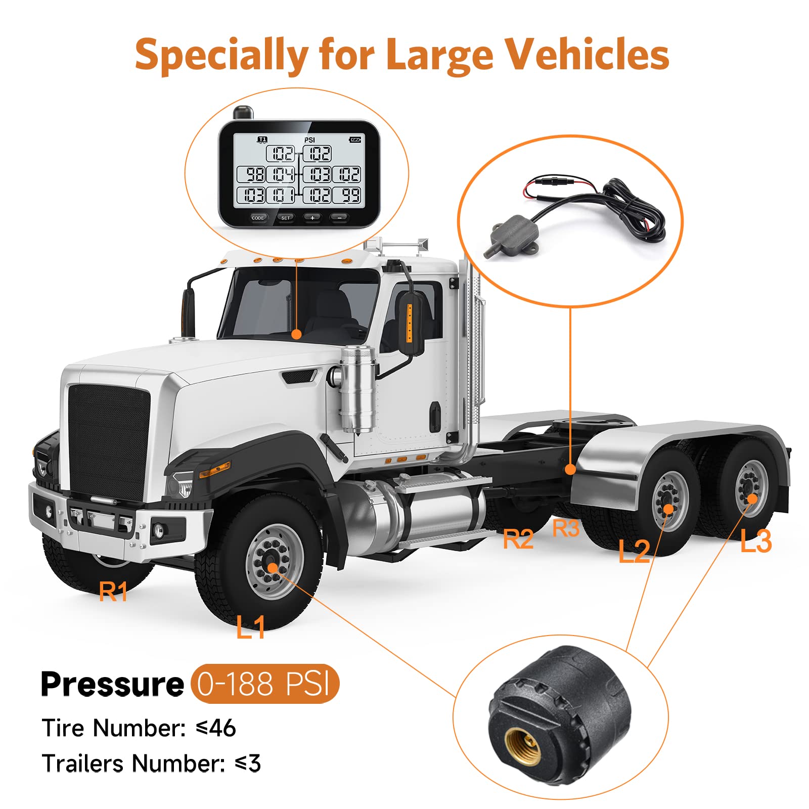 GUTA Trailer Tire Pressure Monitoring System, Trailer TPMS with 6 Sensors, 6 Alert Modes, Signal Booster, Power Saving Display, Long Sensing Distance, for 3 Trailers (T1/T2/T3), for RV, Trailer