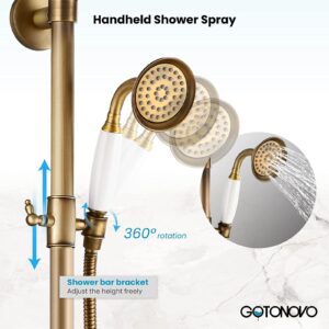 gotonovo Bathroom Exposed Shower Faucet 8 Inch Rainfall Shower Head Set with Tub Spout and Handheld Spray Double Cross Handles Wall Mount Straight Bar without Shower Shelf Antique Brass