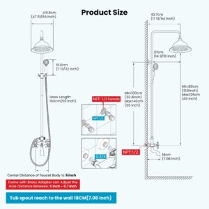 gotonovo Bathroom Exposed Shower Faucet 8 Inch Rainfall Shower Head Set with Tub Spout and Handheld Spray Double Cross Handles Wall Mount Straight Bar without Shower Shelf Antique Brass