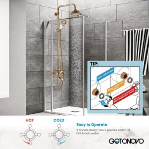 gotonovo Bathroom Exposed Shower Faucet 8 Inch Rainfall Shower Head Set with Tub Spout and Handheld Spray Double Cross Handles Wall Mount Straight Bar without Shower Shelf Antique Brass