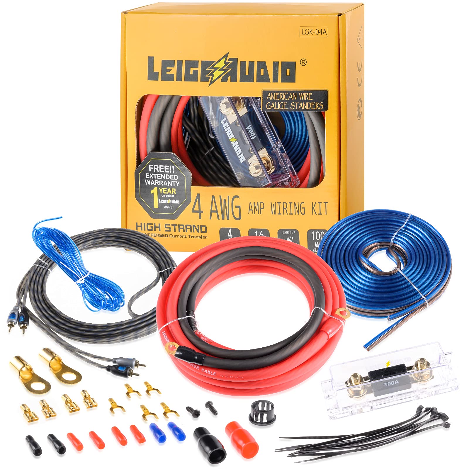 LEIGESAUDIO 4 Gauge Amp Wiring Kit Ture 4 AWG Amplifier Installation Wiring Kit - Car Subwoofer Wiring Kit Helps You Make Connections and Brings Power to Your Radio, Subwoofer and Speakers