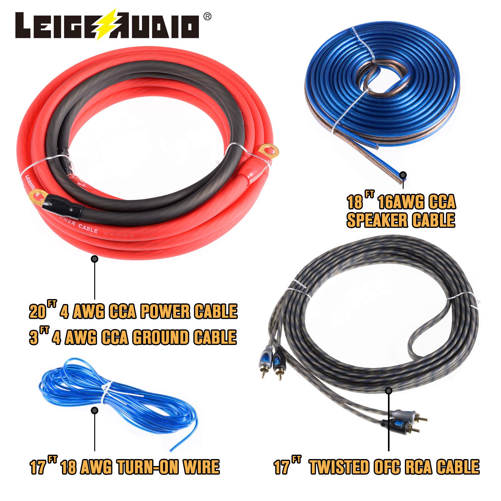 LEIGESAUDIO 4 Gauge Amp Wiring Kit Ture 4 AWG Amplifier Installation Wiring Kit - Car Subwoofer Wiring Kit Helps You Make Connections and Brings Power to Your Radio, Subwoofer and Speakers