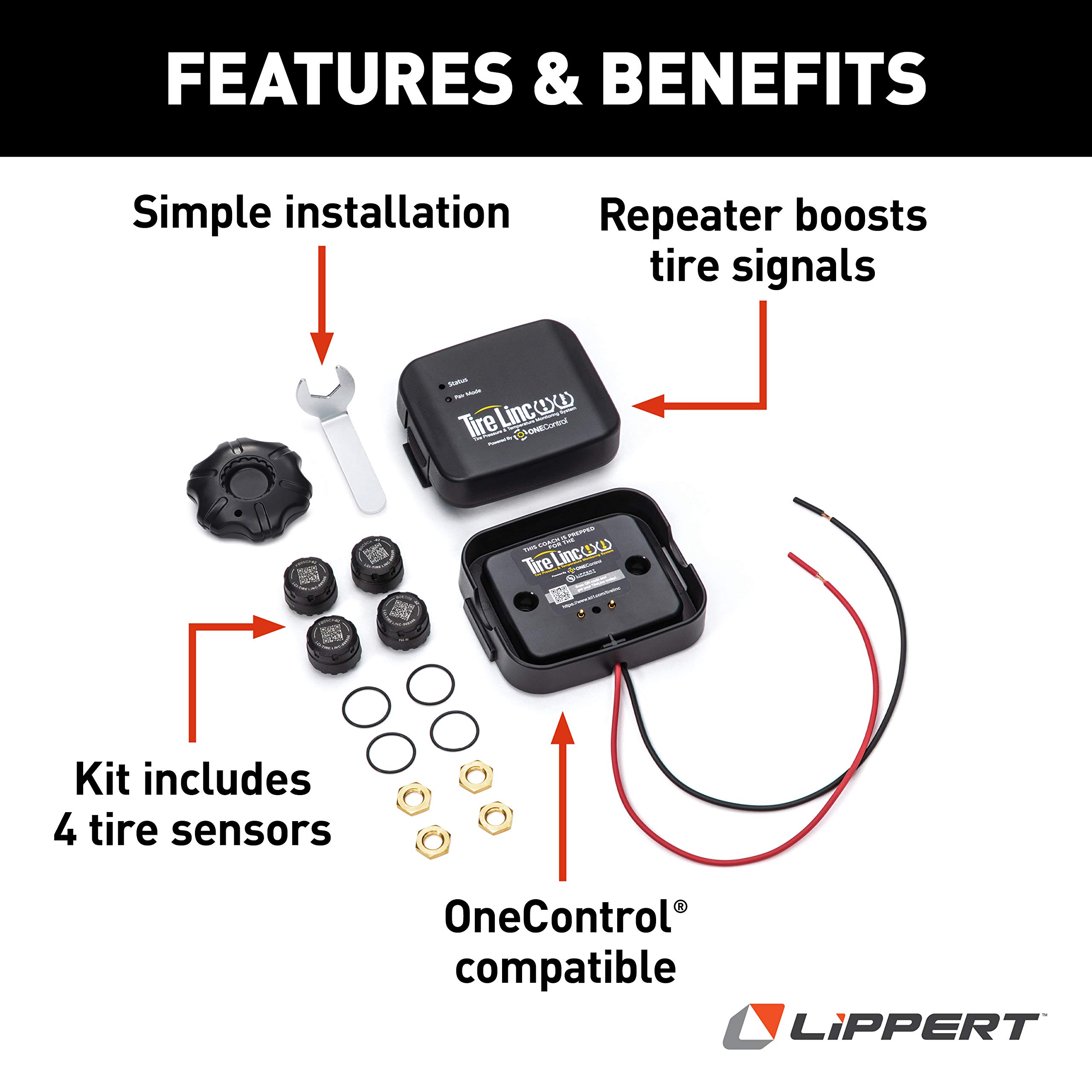 Lippert Components - 2020106863 Tire LINC Tire Pressure and Temperature Monitoring System for RVs (TPMS) with Tire Sensors and Repeater