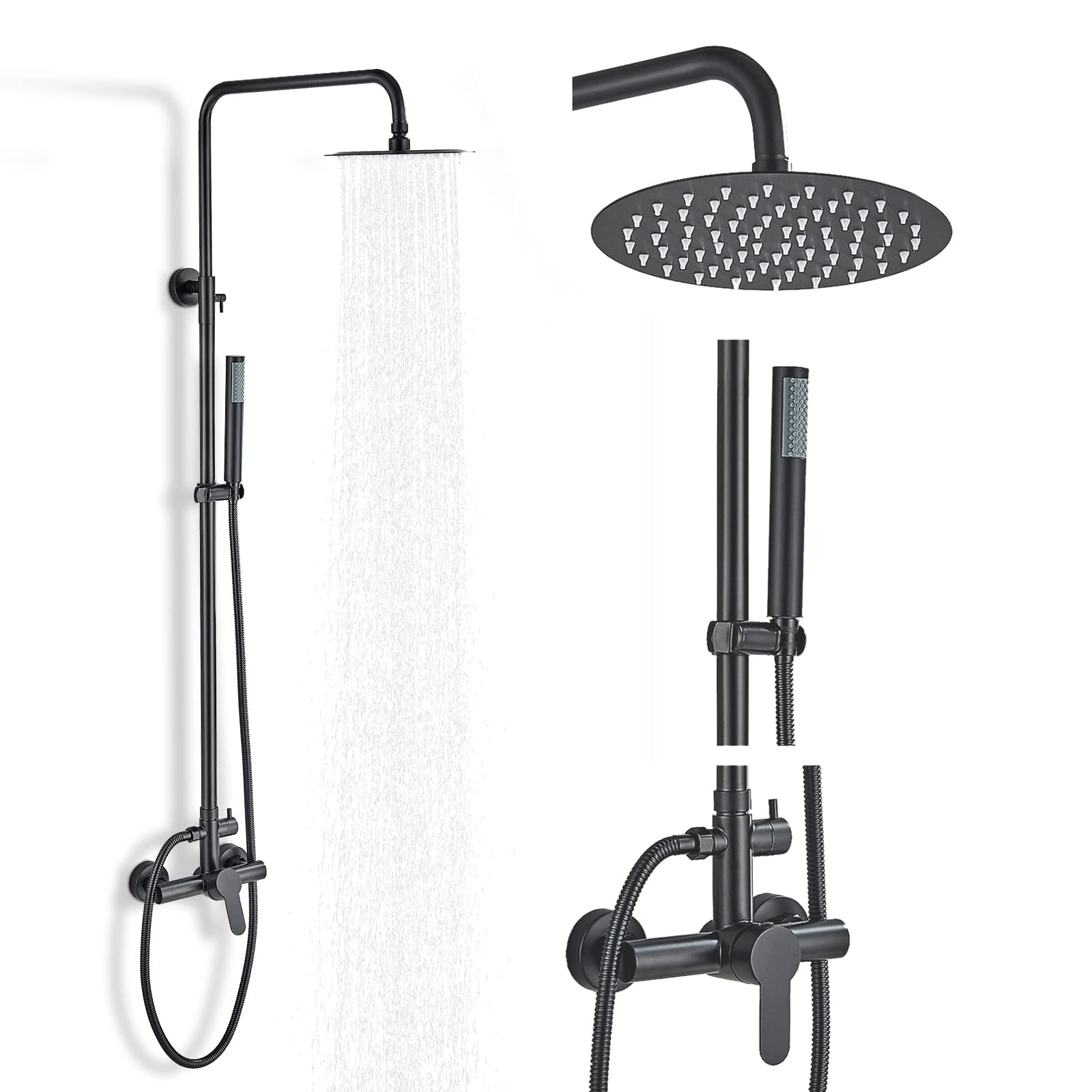 MOSSON Shower System Matte Black Outdoor Shower Faucet Set with 8" Rain Shower Head Handheld Sprayer Single Handle Stainless Steel Wall Mounted Shower Fixtures for Bathroom or Backyard