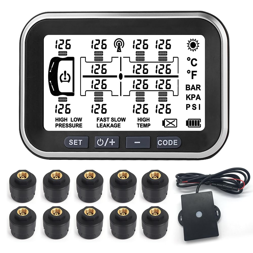 Taimster TPMS for RV/Buses/Caravan/Motorhome/Trailer/Travel/Trucks, Wireless Solar Tire Pressure Monitoring System with DIY Easy Installation Cap Sensors Pressure Range 0~188 PSI (0~13 BAR)10 sensors