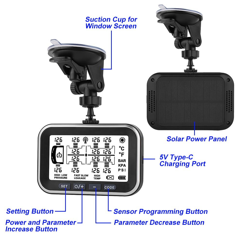 Taimster TPMS for RV/Buses/Caravan/Motorhome/Trailer/Travel/Trucks, Wireless Solar Tire Pressure Monitoring System with DIY Easy Installation Cap Sensors Pressure Range 0~188 PSI (0~13 BAR)10 sensors