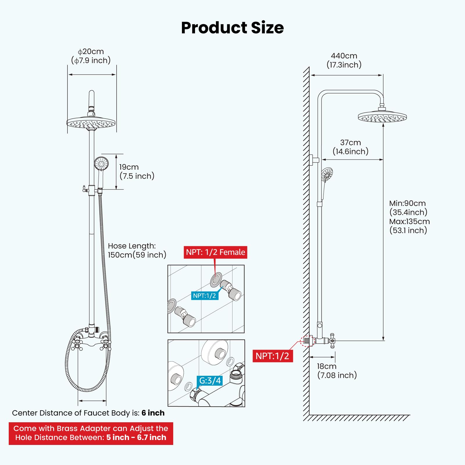 gotonovo Exposed Shower Faucet System 8 Inch Rainfall Shower Head with 8 Function ABS Handheld and Double Cross Handle Wall Mounted Bathroom Luxury Mixer Shower Gourd Faucet Body Matte Black