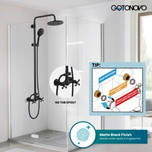 gotonovo Exposed Shower Faucet System 8 Inch Rainfall Shower Head with 8 Function ABS Handheld and Double Cross Handle Wall Mounted Bathroom Luxury Mixer Shower Gourd Faucet Body Matte Black