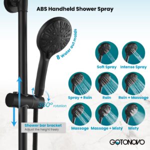 gotonovo Exposed Shower Faucet System 8 Inch Rainfall Shower Head with 8 Function ABS Handheld and Double Cross Handle Wall Mounted Bathroom Luxury Mixer Shower Gourd Faucet Body Matte Black