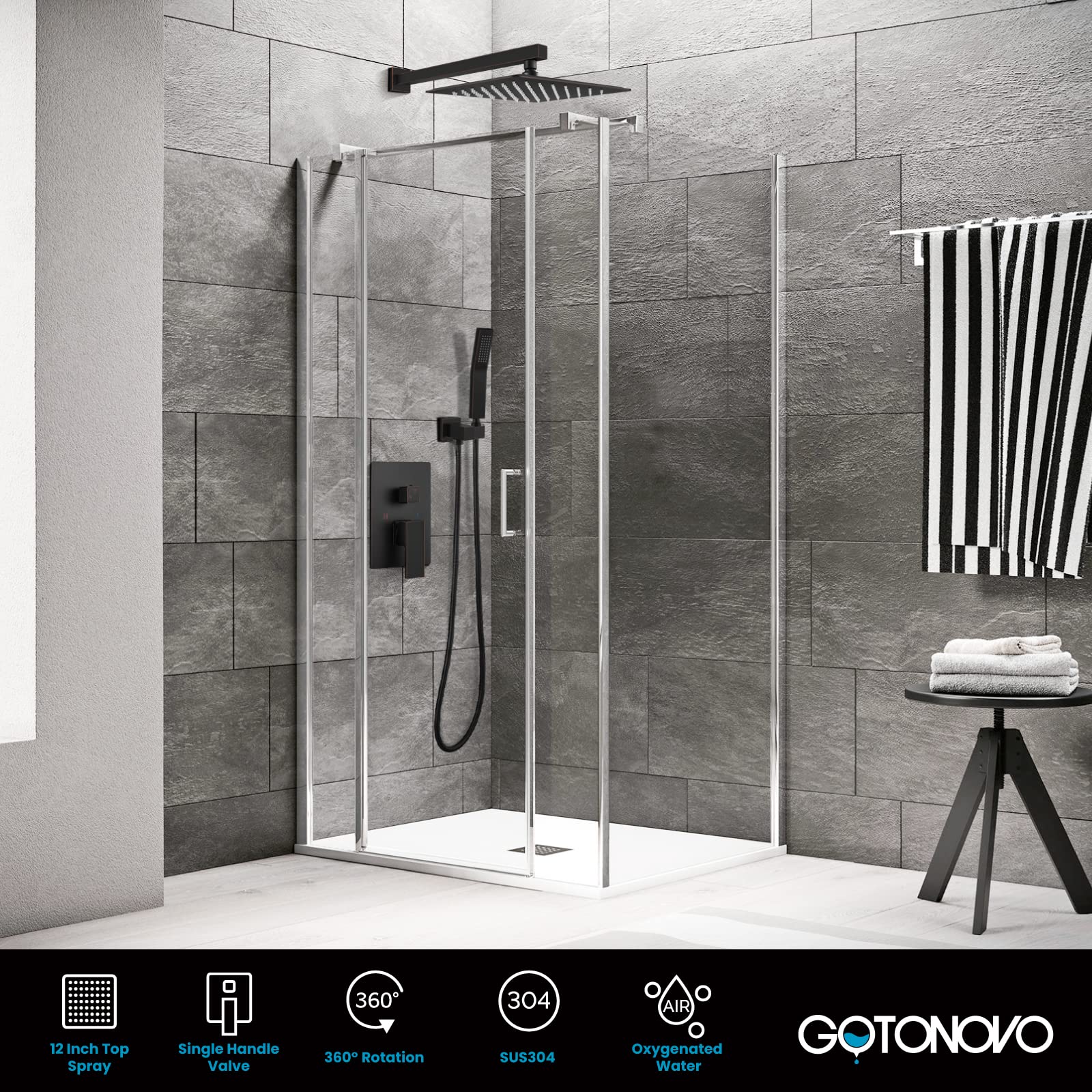 gotonovo Rainfall Bathroom Shower System Rain Shower Head and Handle Set Wall Mounted Shower Complete Combo Solid Brass Pressure Balancing Shower Mixer Valve 12 Inch Oil Rubbed Bronze