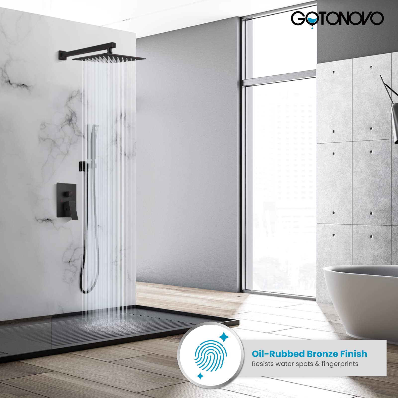 gotonovo Rainfall Bathroom Shower System Rain Shower Head and Handle Set Wall Mounted Shower Complete Combo Solid Brass Pressure Balancing Shower Mixer Valve 12 Inch Oil Rubbed Bronze