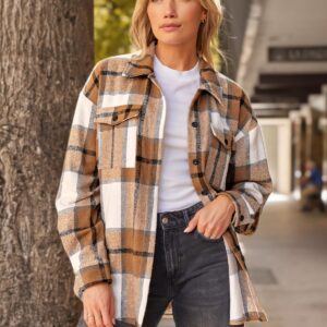 AUTOMET Womens Fall Outfits Fashion Clothes Tops Oversized Flannel Jackets Shirts Button Down Long Sleeve Shacket Blouse 2024 Apricot