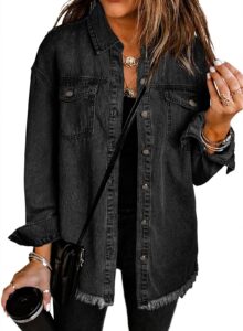 dokotoo women's casual boyfriend oversized lapel button up long sleeve denim trucker jacket distressed ripped denim jackets fray hem tassels jean jacket for women with pockets, (us 8-10) m,black