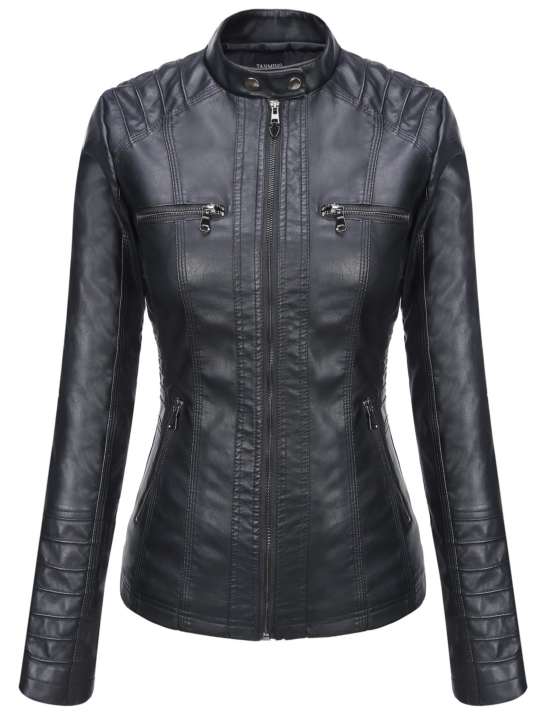 Tanming Women's Womens Hooded Faux leather Jackets (Medium, Black)