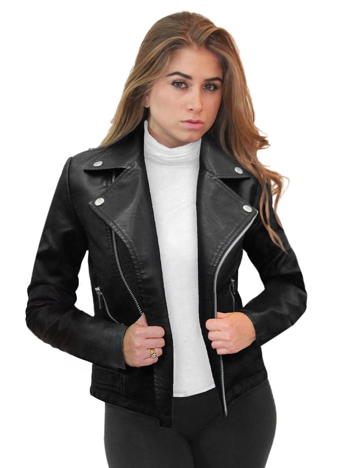 Olivia Miller Women's Faux Leather Jacket Long Sleeve Zip Fitted Slim Jacket JK5208 BLACK L