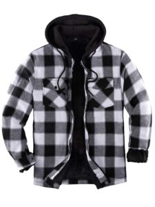 zenthace men's sherpa lined full zip hooded plaid shirt jacket black/grey xxl