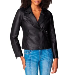 [BLANKNYC] womens Luxury Clothing Semi Fitted Vegan Leather Motorcycle Jacket, Onyx, Large US