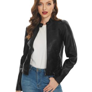 Fahsyee Black Faux Leather Jackets for Women Zip Up Motorcycle Short PU Moto Biker Outwear Fitted Slim Coat Size XL