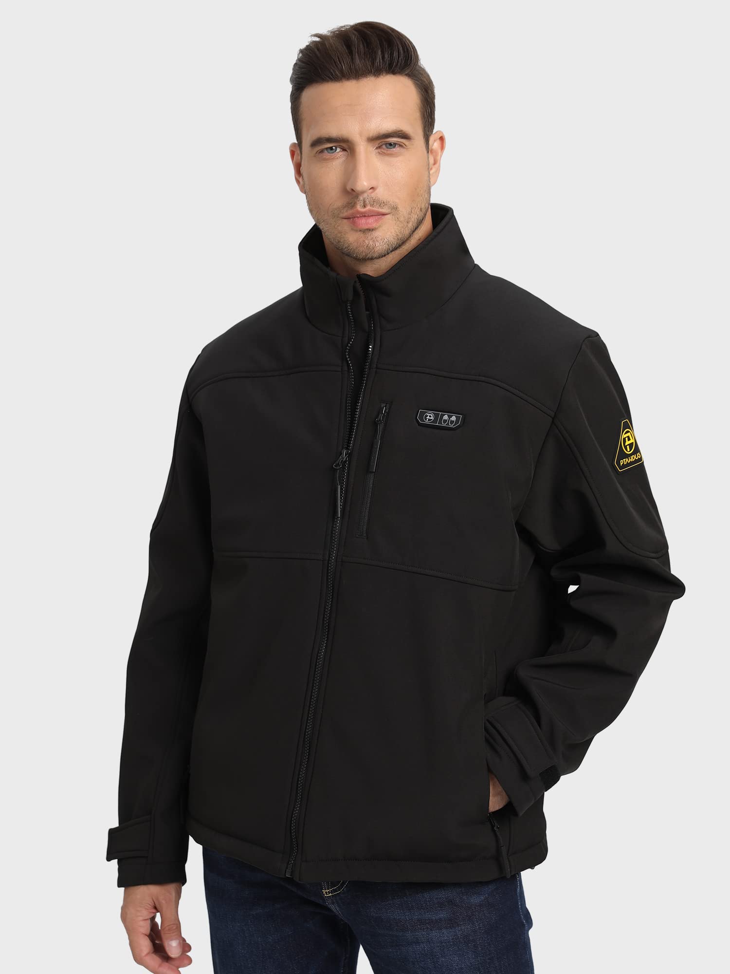 PTAHDUS Men's Heated Jacket Soft Shell with Hand Warmer, with 7.4V Battery Pack (Large, Black)