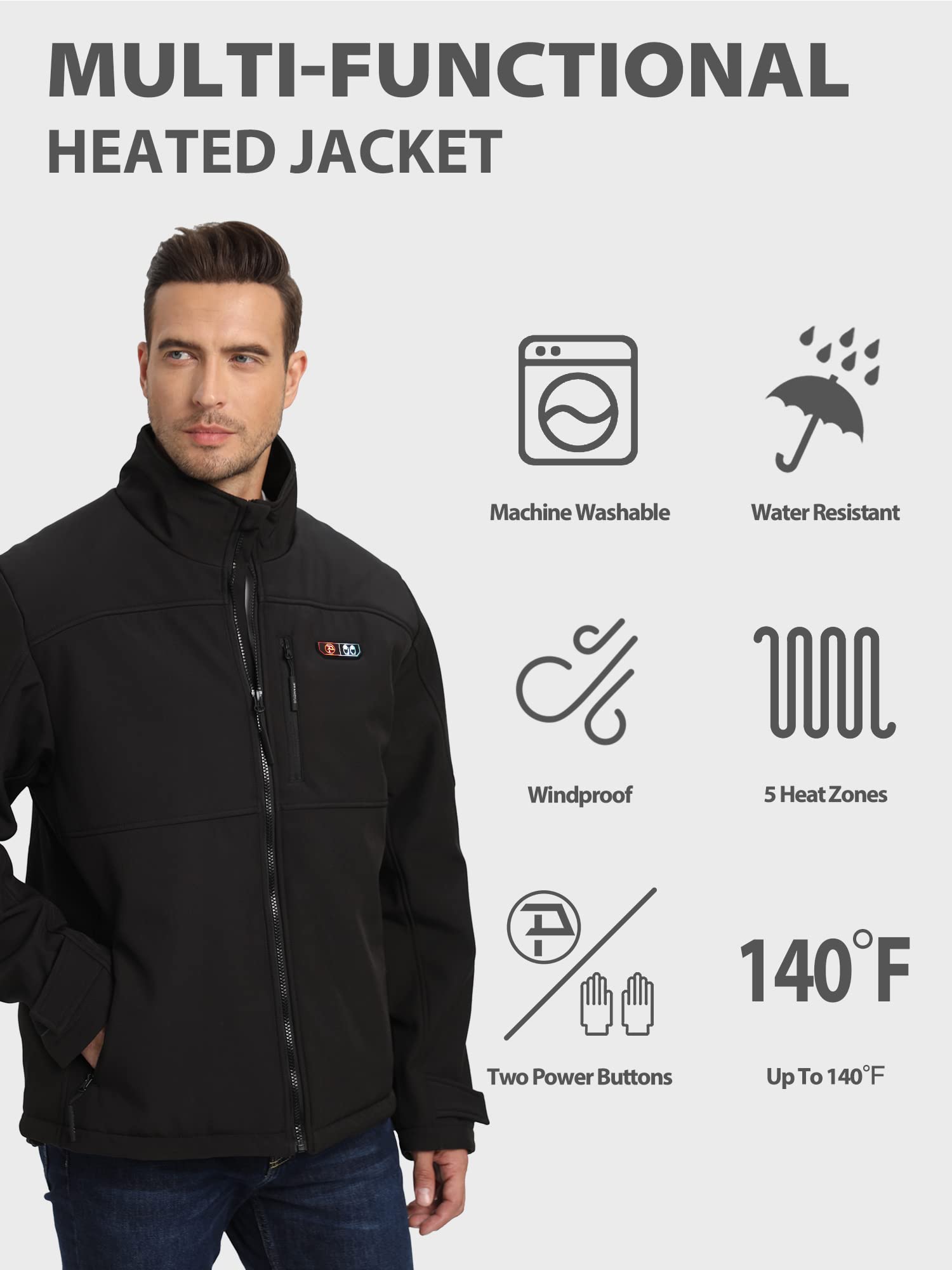 PTAHDUS Men's Heated Jacket Soft Shell with Hand Warmer, with 7.4V Battery Pack (Large, Black)