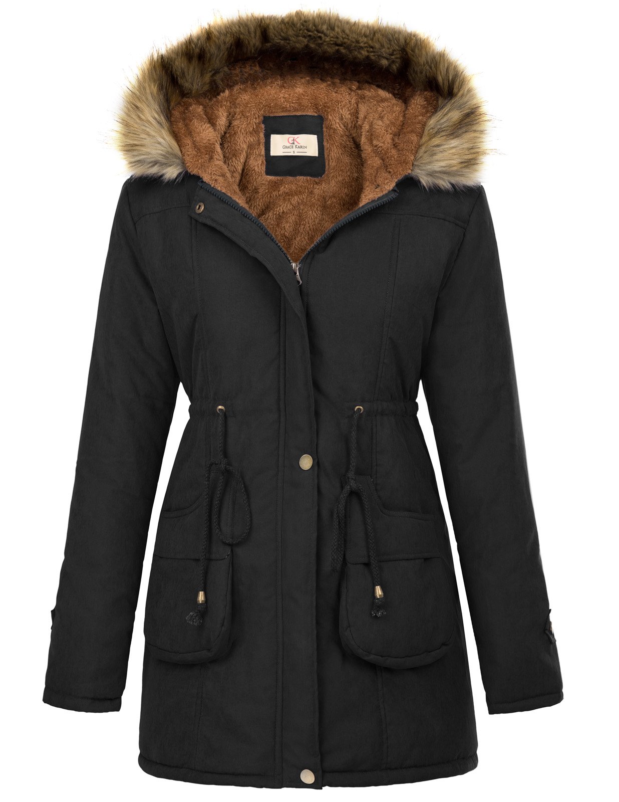 GRACE KARIN Womens Hooded Thicken Fleece Parkas Faux Fur Jackets with Pockets L Black