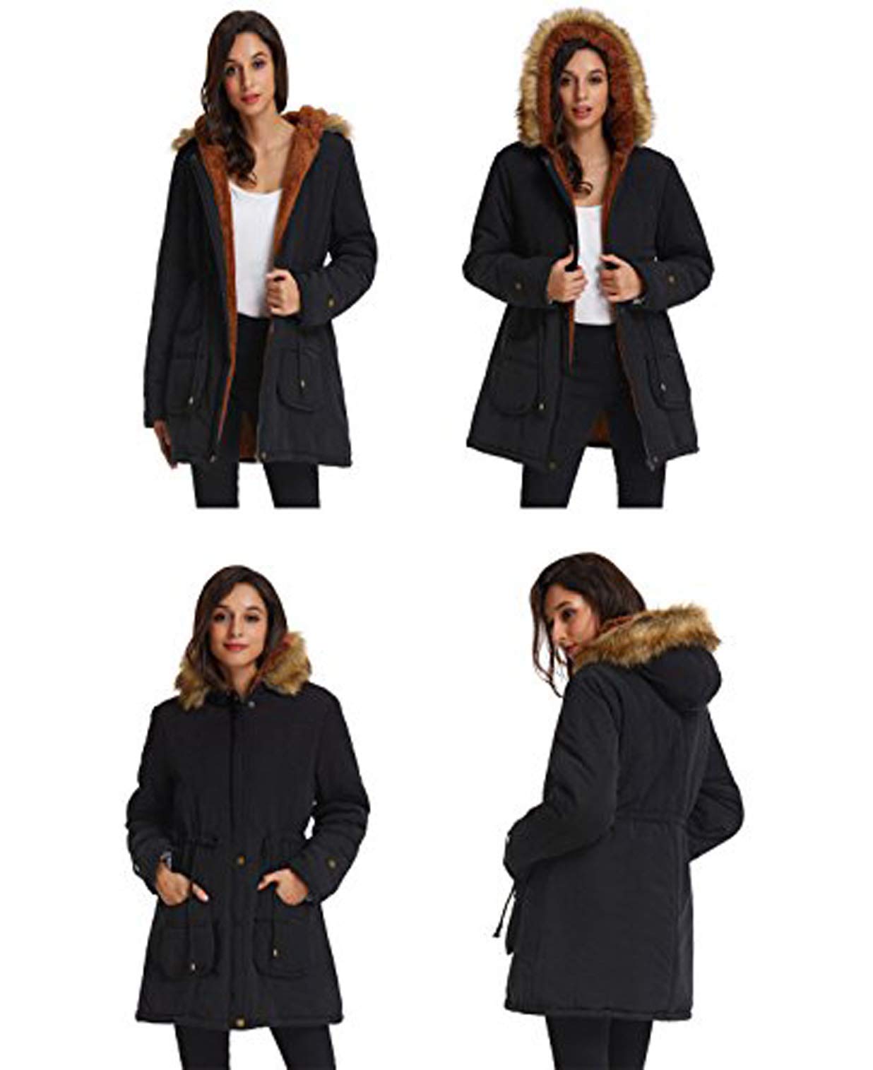 GRACE KARIN Womens Hooded Thicken Fleece Parkas Faux Fur Jackets with Pockets L Black