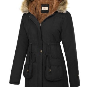 GRACE KARIN Womens Hooded Thicken Fleece Parkas Faux Fur Jackets with Pockets L Black