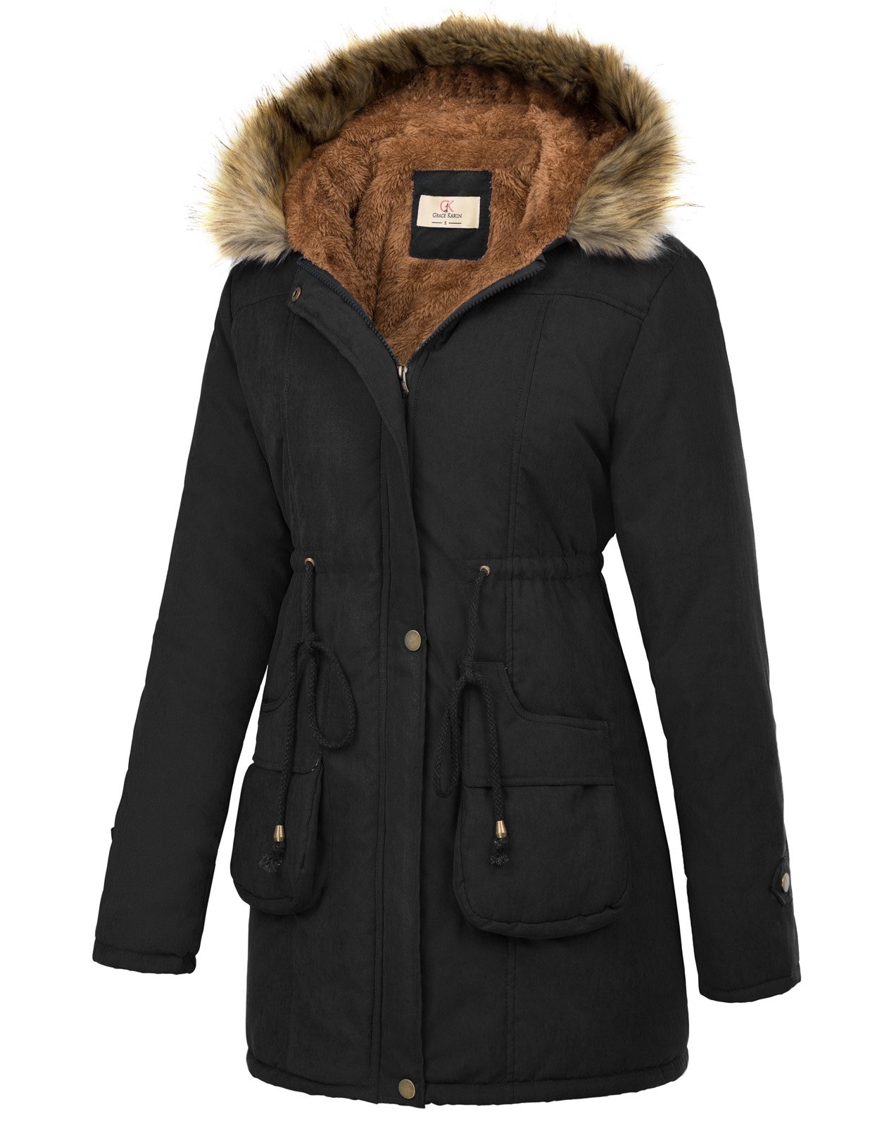 GRACE KARIN Womens Hooded Thicken Fleece Parkas Faux Fur Jackets with Pockets L Black