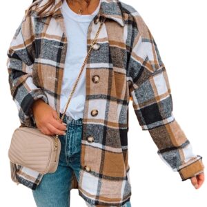 Yeokou Women's Fall Color Block Plaid Flannel Shacket Jacket Button Down Shirt Coat Tops(Khaki-S)