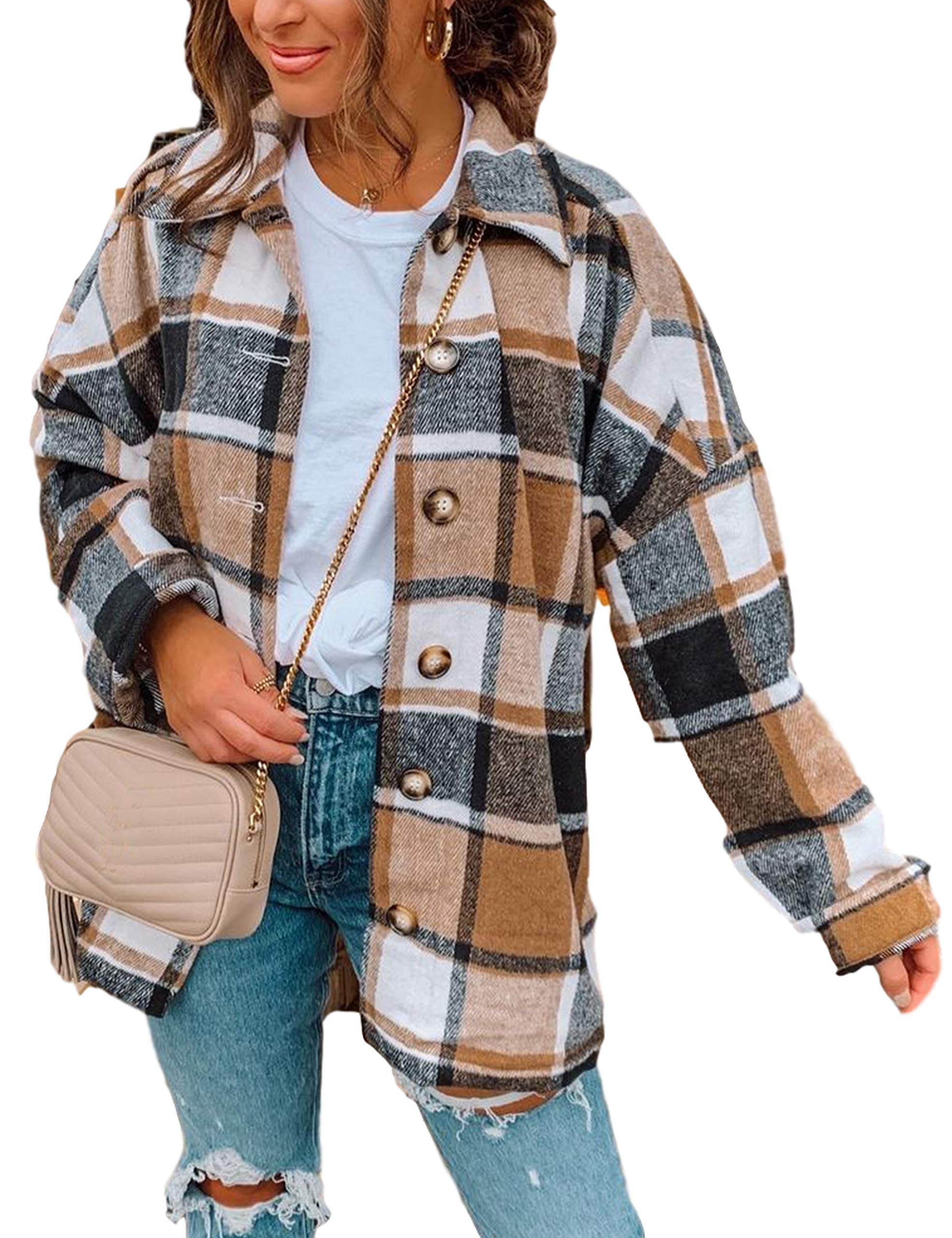 Yeokou Women's Fall Color Block Plaid Flannel Shacket Jacket Button Down Shirt Coat Tops(Khaki-S)