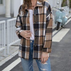 Yeokou Women's Fall Color Block Plaid Flannel Shacket Jacket Button Down Shirt Coat Tops(Khaki-S)