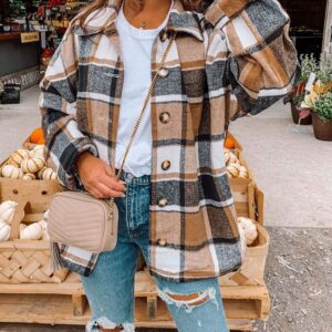 Yeokou Women's Fall Color Block Plaid Flannel Shacket Jacket Button Down Shirt Coat Tops(Khaki-S)