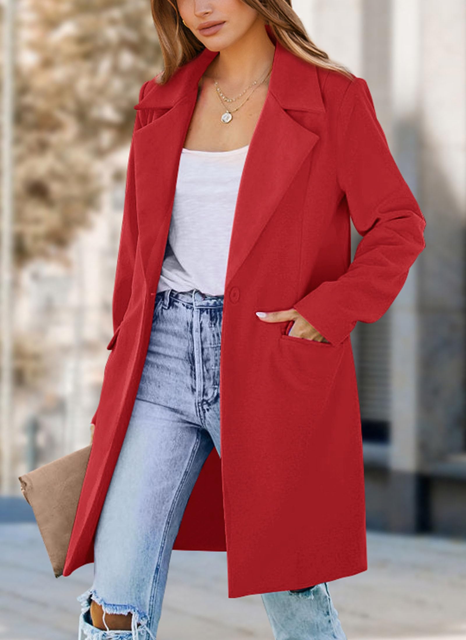 PRETTYGARDEN 2024 Fall Long Blazer Jackets for Women Long Sleeve Lapel Pockets Loose Fit Business Casual Blazers Outfits (Red,Small)