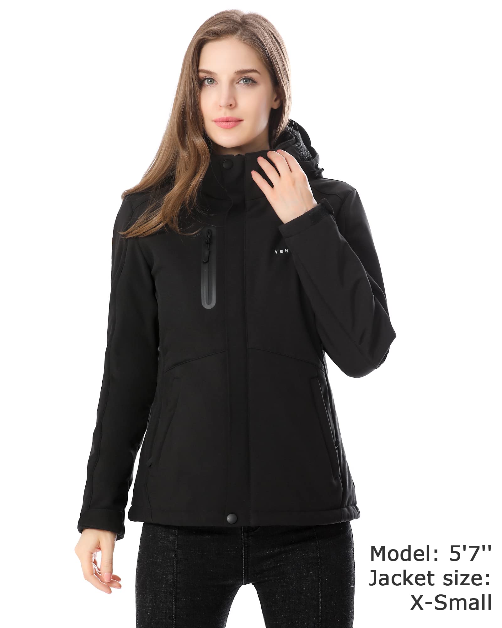 Venustas Women's Heated Jacket with Battery Pack 7.4V, Windproof Electric Insulated Coat with Detachable Hood Slim Fit