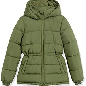 Amazon Essentials Women's Heavyweight Puffer Jacket with Drawstring Waist, Olive, Medium