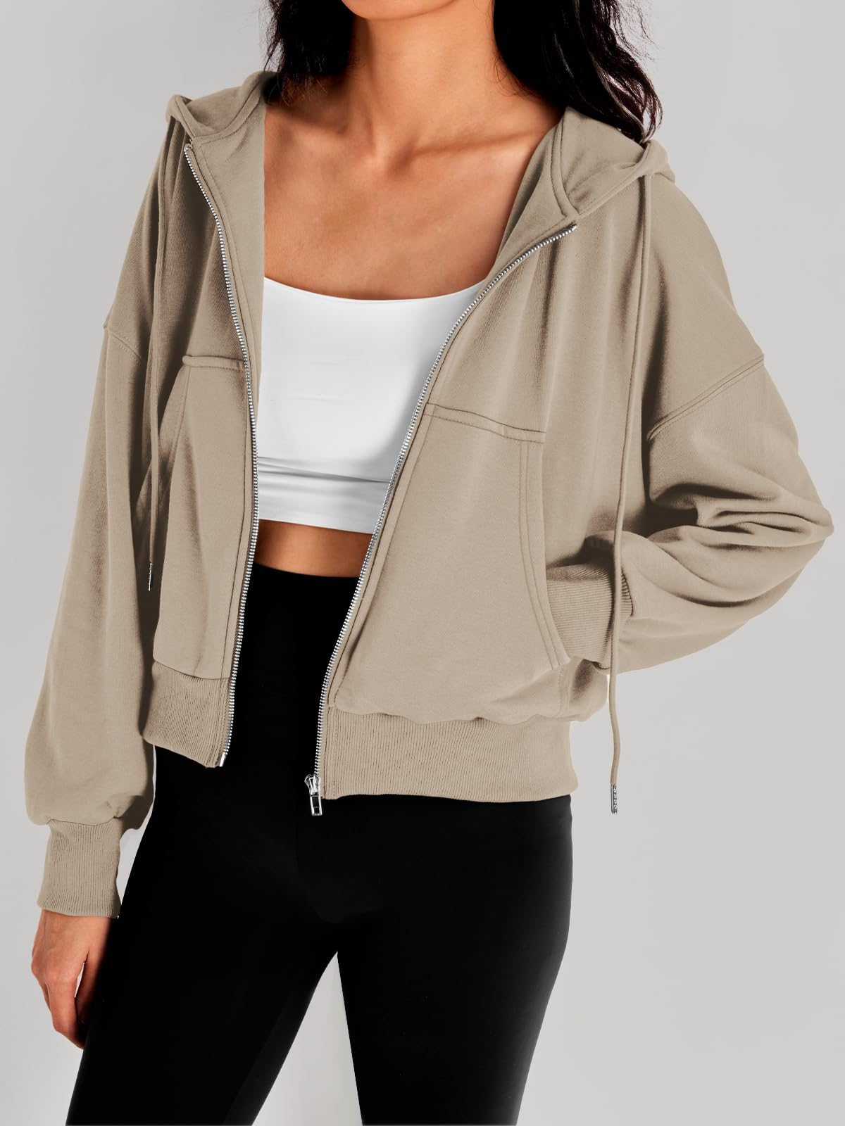 Trendy Queen Hoodies for Women Full Zip Up Cropped Sweatshirts Jackets Casual Comfy Gym Tops Fall Outfits Winter Clothes 2024 Khaki