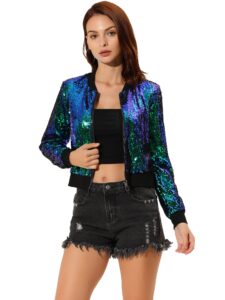 allegra k women's sequin jacket long sleeve cropped zipper up party glitter bomber sparkly jackets x-small green