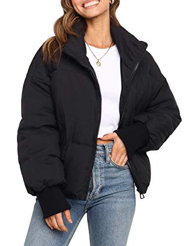 MEROKEETY Women's 2024 Winter Long Sleeve Zip Puffer Jacket Pockets Baggy Short Down Coats, Black, S