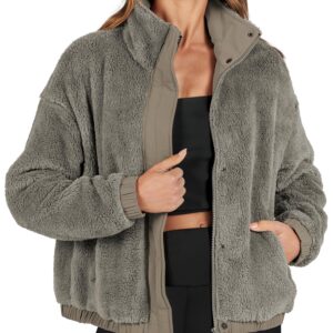 ANRABESS Womens Fleece Jacket Casual Long Sleeve Cropped Sherpa Button Down Fuzzy Warm Coats Fall Outwear With Pockets Grey Medium