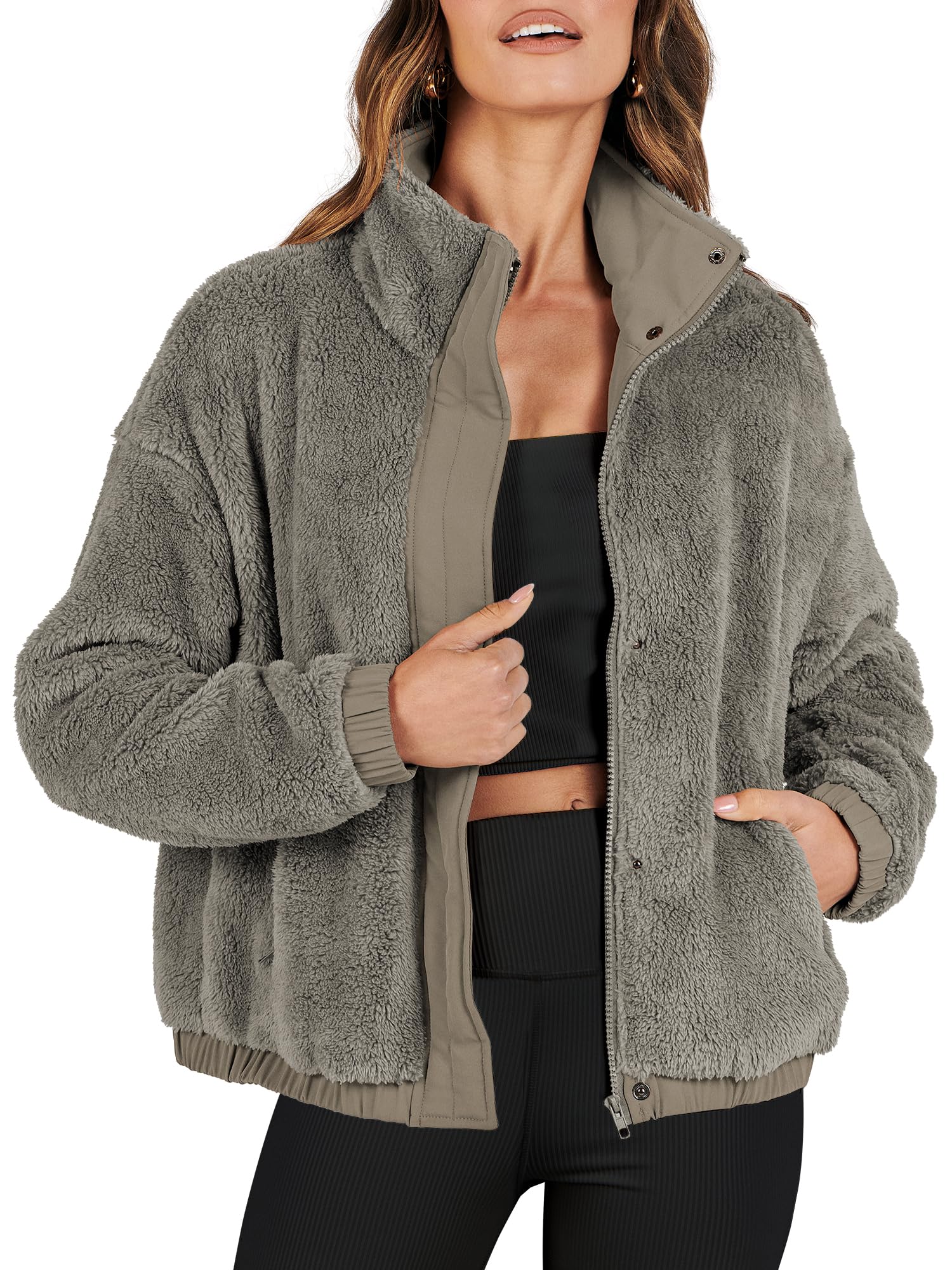 ANRABESS Womens Fleece Jacket Casual Long Sleeve Cropped Sherpa Button Down Fuzzy Warm Coats Fall Outwear With Pockets Grey Medium