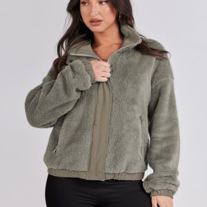 ANRABESS Womens Fleece Jacket Casual Long Sleeve Cropped Sherpa Button Down Fuzzy Warm Coats Fall Outwear With Pockets Grey Medium