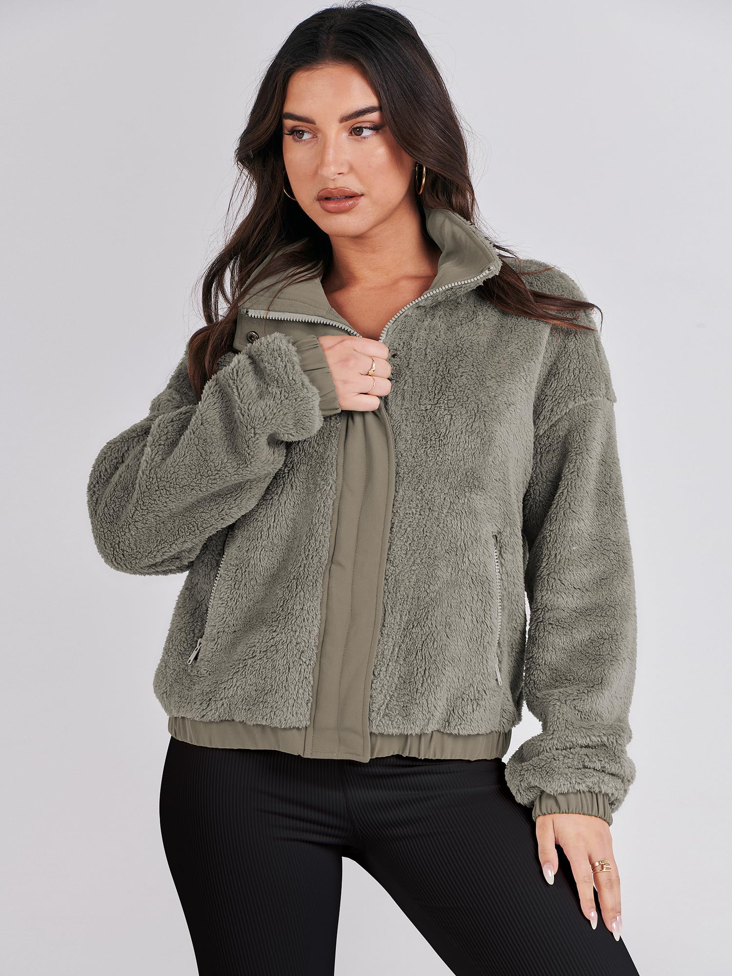 ANRABESS Womens Fleece Jacket Casual Long Sleeve Cropped Sherpa Button Down Fuzzy Warm Coats Fall Outwear With Pockets Grey Medium